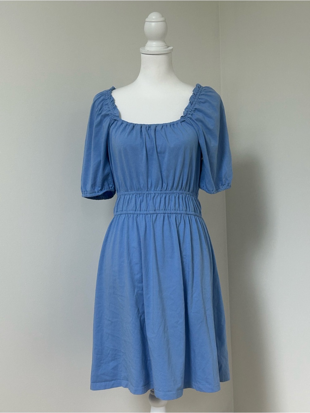 100% COTTON J. Crew Jersey Knit Blue Square-Neck Smocked Waist Dress M
